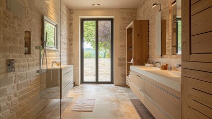 A modern bathroom in an old French farmhouse, with light oak furniture and pale stone tiles, along with large format floor tiles. A glass bathroom cabinet, natural lighting from above. A modern sink a