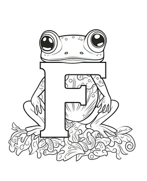 Coloring page for children letter F with a frog.
