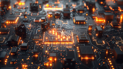 Fototapeta premium AI powered electronic circuits board. Circuit board with moving electrons and central processing unit CPU. Data flow on a motherboard. Ai generated image