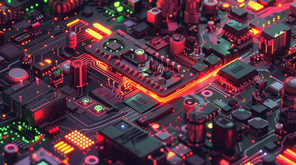 Fototapeta na wymiar AI powered electronic circuits board. Circuit board with moving electrons and central processing unit CPU. Data flow on a motherboard. Ai generated image