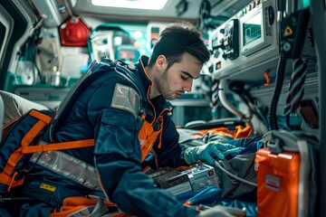 A focused paramedic in uniform works on life-saving procedures within the well-equipped interior of an ambulance during a night shift. Generative AI - obrazy, fototapety, plakaty