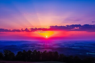 Breathtaking sunset panorama The horizon ablaze with vibrant colors and the silhouette of a tranquil landscape