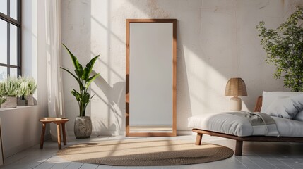 A photograph of a mirror standing in a modern living room
