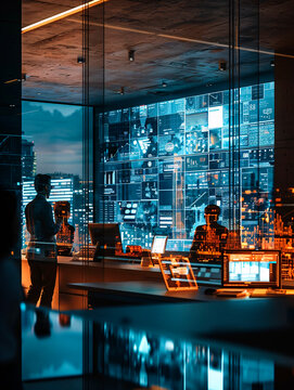 A bustling control room overlooking a high-tech cityscape with detailed information screens