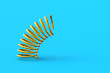 Curved metal spring on blue background. Flexibility wire. Twisted steel coils. Auto parts. Accessories for automotive maintenance. Copy space. 3d render