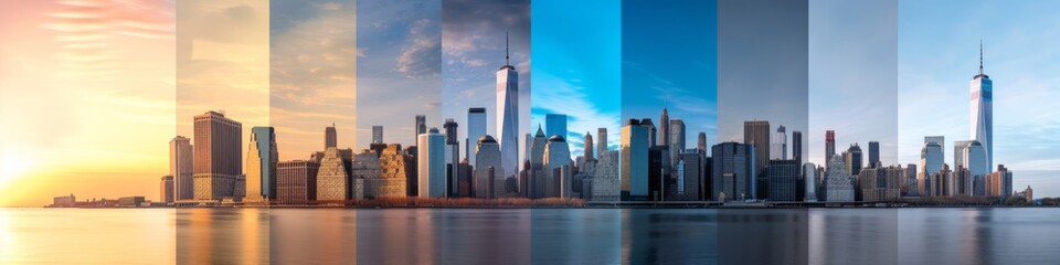Skyline transformation,  showcasing how the financial districts skyline changes during sunrise,  midday,  and sunset