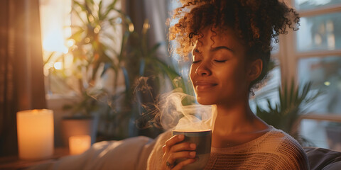 a woman having a self care moment with aromatherapy and sounds holding a mug of tea - obrazy, fototapety, plakaty