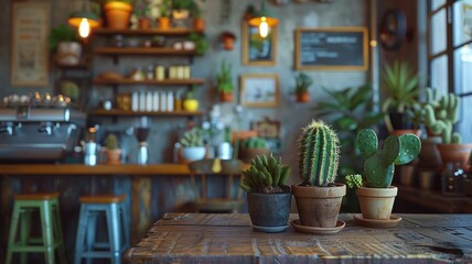 Fototapeta na wymiar Cozy cafe atmosphere with potted cactus on wooden table