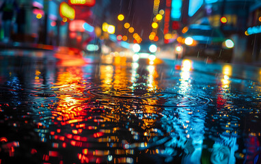 Reflective cityscape: vibrant hues dance on wet streets after the rain