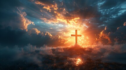 The light of Jesus in the clouds is combined with the cross, the holy Cross