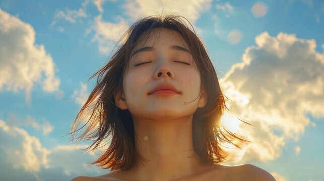 Woman Enjoying the Moment Meditating Deep Breathing Stress Relief Concept of Mental Health Wellness Wellbeing Blue Sky White Clouds Background 16:9