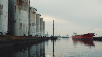 A large red cargo ship docked next to an industrial oil and gas tank storage complex. Stunning red cargo ship docked near oil and gas tanks. - obrazy, fototapety, plakaty