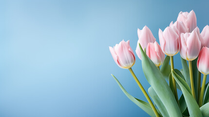 Spring bouquet of pink tulips on an isolated blue background with copyspace, pastel colors. - obrazy, fototapety, plakaty
