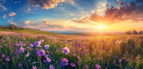 Fototapeten rural landscape with sunrise and blossoming meadow © sundas