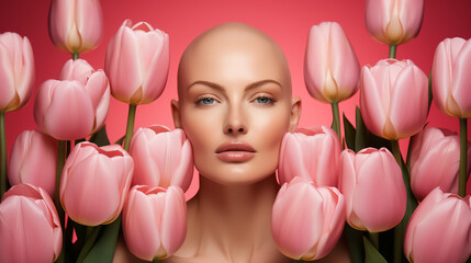 Beautiful young woman with bald head after chemotherapy on isolated pink background with pink spring tulips, World Cancer Day.