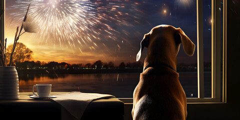 Most Amazing HD 8K wallpaper,Dog Watching Fireworks from Window 