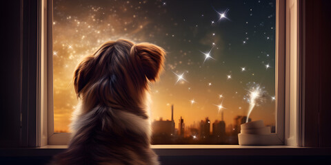Dog Watching Fireworks from the Window , Most Amazing HD 8K wallpaper