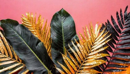 Close up Tropical leaves gold orange and Black with the pink background on grass
