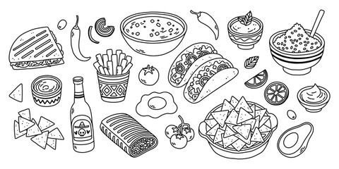 Trendy Mexican food line art black and white. Line art vector hand drawn doodle cartoon set of Mexican Food theme