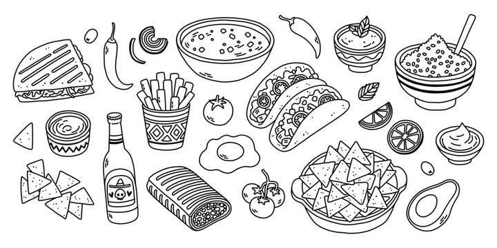 Naklejki Trendy Mexican food line art black and white. Line art vector hand drawn doodle cartoon set of Mexican Food theme