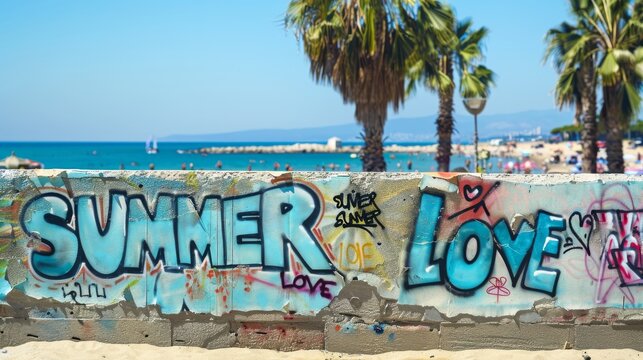 Groovy colorful graffiti "Summer Love" text spray painted on a cement wall next to a tropical tourist beach destination with palm trees, ocean, and blue sky