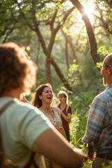 Group of friends sharing heartfelt laughter in a lush forest, encapsulating the essence of Hopecore and care for the planet's future
