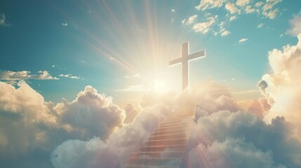 with the Christian cross,Stairway to heaven in heavenly concept.  Religion background.  Stairway to paradise in a spiritual concept.  Stairway to light in spiritual fantasy.  Path to the sky and cloud - obrazy, fototapety, plakaty