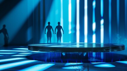 Futuristic fitness podium with holographic athlete projections on neon blue background for high-tech wearable display