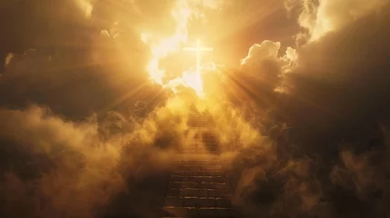 Foto op Canvas with the Christian cross,Stairway to heaven in heavenly concept.  Religion background.  Stairway to paradise in a spiritual concept.  Stairway to light in spiritual fantasy.  Path to the sky and cloud © SHI