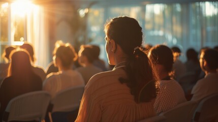 Speaker's silhouette cast against an audience, embodying the radiance of hope and collective progress in a sunlit venue