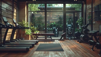 Gordijnen Sophisticated gym interior with advanced training equipment and natural lighting © maniacvector