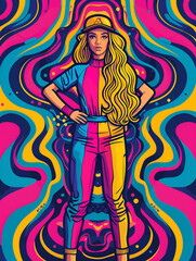 Bright poster with a hallucinogenic background. Girl in a tracksuit. Retro poster. Pop art style.