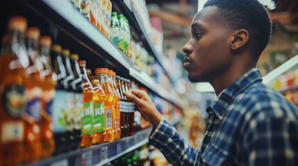 Thoughtful consumer choosing a non-alcoholic beverage, highlighting mindful shopping within a diverse mocktail culture - obrazy, fototapety, plakaty