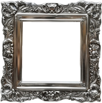 إطار صورة فضي عتيق بتفاصيل مزخرفة، مقطوع بشكل شفاف