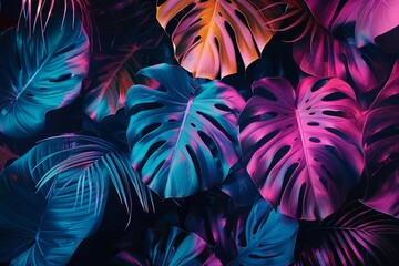 Creative layout with fluorescent tropical leaves Blending neon colors for a vivid and nature-inspired theme that stands out