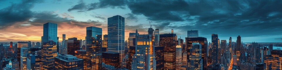 Blue hour charm,  capturing the financial district during the magical period just after sunset,  with the sky bathed in deep blue tones - obrazy, fototapety, plakaty