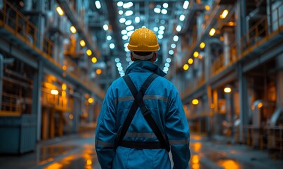 A worker walks along the work area, rear view.