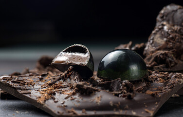 Box of assorted chocolates on dark background. Top view.