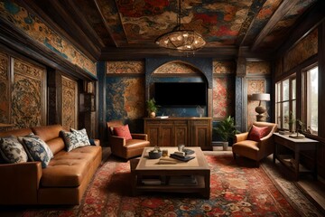 An eclectic entertainment room featuring a Turkish-inspired wall mockup, contributing to a unique and lively setting.