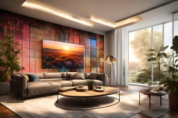 A luxurious living room interior featuring a wall mockup with dynamic, color-changing LED panels.