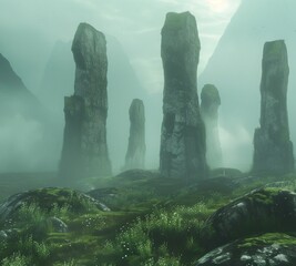 At the edge of a misty moor, ancient standing stones rise from the earth like sentinels of a forgotten time. Wisps of fog curl around their weathered surfaces - obrazy, fototapety, plakaty