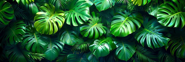 Schilderijen op glas Tropical green leaves. Green leaf banner and floral jungle pattern concept. © Bonya Sharp Claw