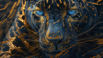 A captivating black leopard adorned with intricate golden patterns