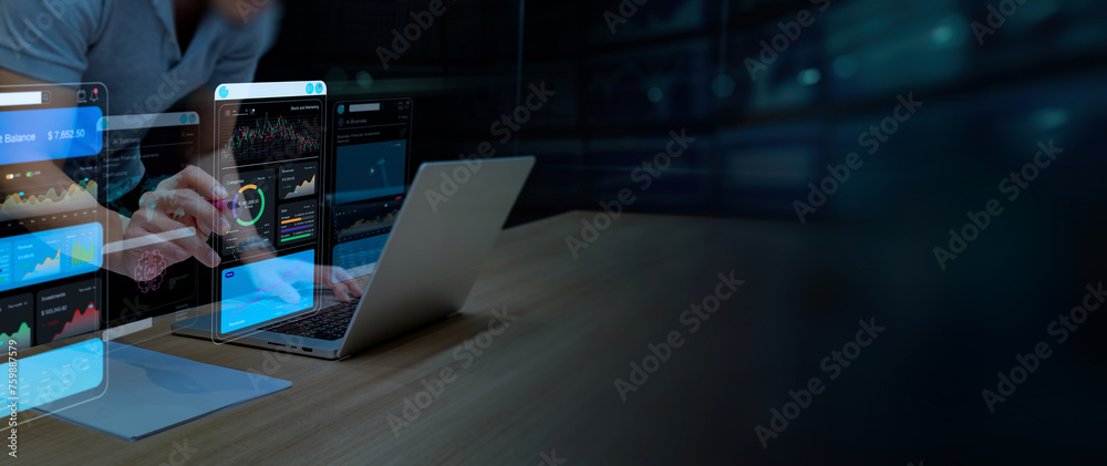 Aufkleber Businessman using AI powered Analysis data of catagories  business marketing and report retails chart revenues. Stock chart.Investment stock market,Graph data and stock market trading.