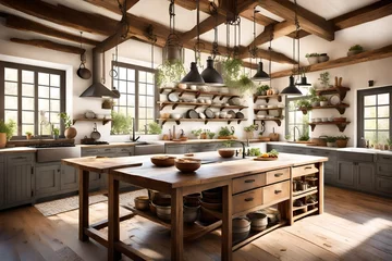 Foto op Canvas A rustic kitchen with exposed wooden beams, hanging pots, and pans. A farmhouse sink sits beneath a window, allowing natural light to fill the space. © Hussain