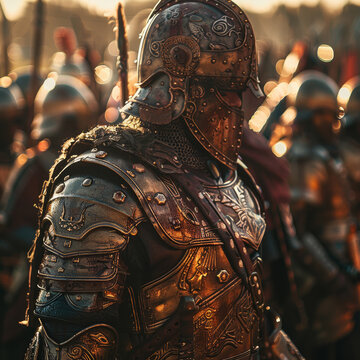 Ancient Warriors, Leather Armor, Majestic warriors from centuries past standing proudly in a battleground The weather is clear, with the sunlight highlighting the intricate details