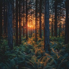 A mesmerizing landscape in the forest at sunset.