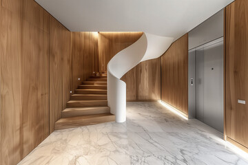 Naklejka premium Design of stairs in a rich country house. Wooden staircase and marble floor. High quality photo