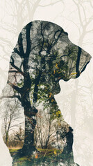 Double Exposure of Basset Hound Silhouette and Park Scenery in Watercolor Art Gen AI