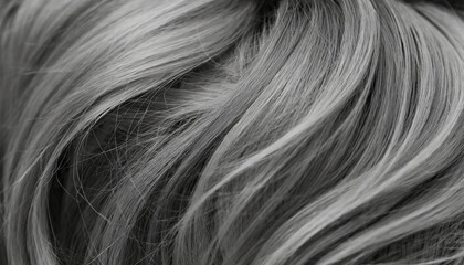 Naklejka premium Closeup view of a bunch of shiny straight grey hair in a wavy curved style. Hair care concept